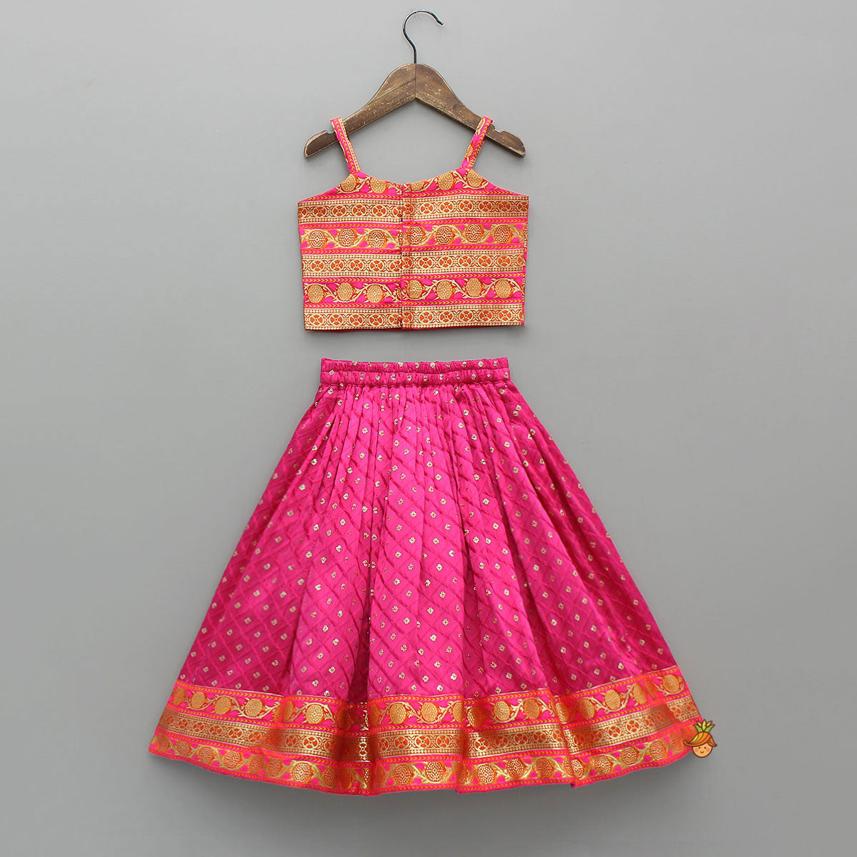 Brocade Strappy Top With Checks Embroidered Lehenga And Net Dupatta