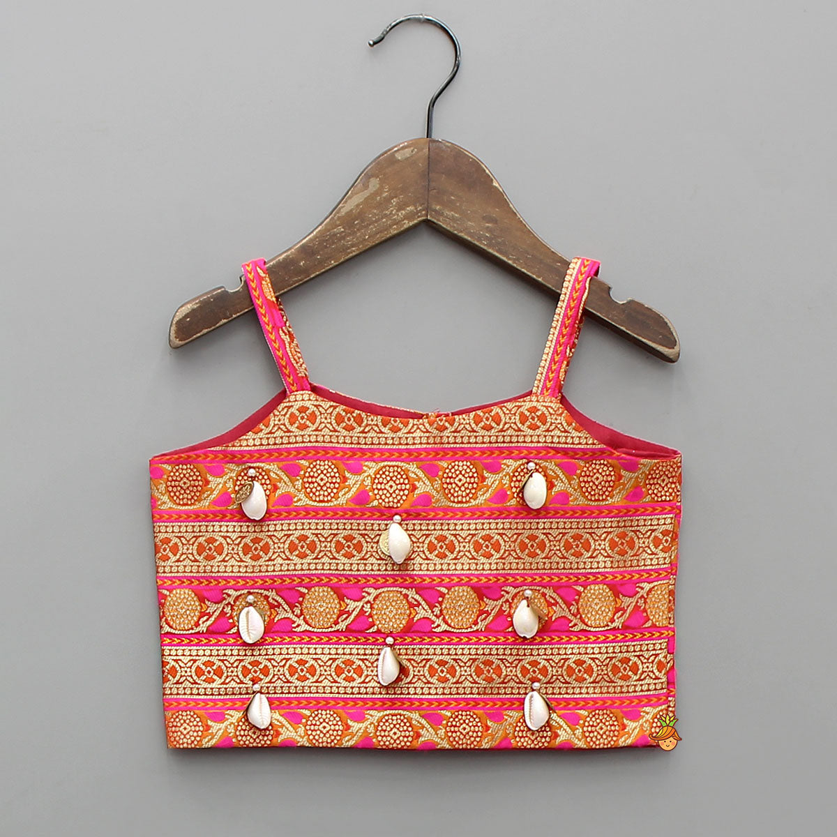 Brocade Strappy Top With Checks Embroidered Lehenga And Net Dupatta