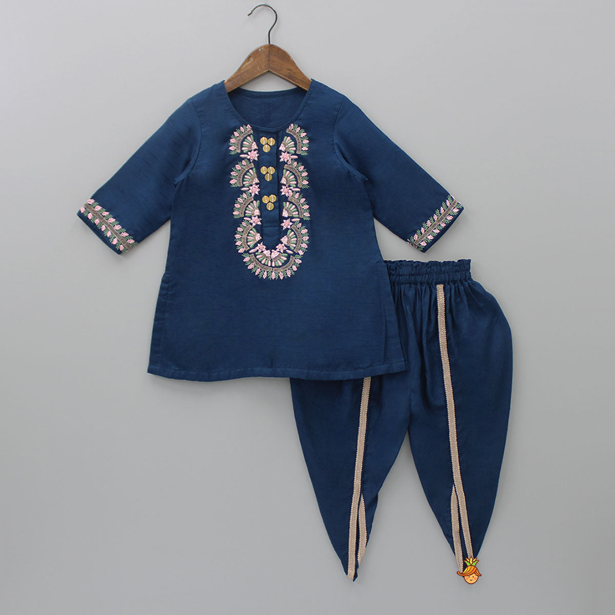 Blue Thread Embroidered Kurti With Tulip Dhoti