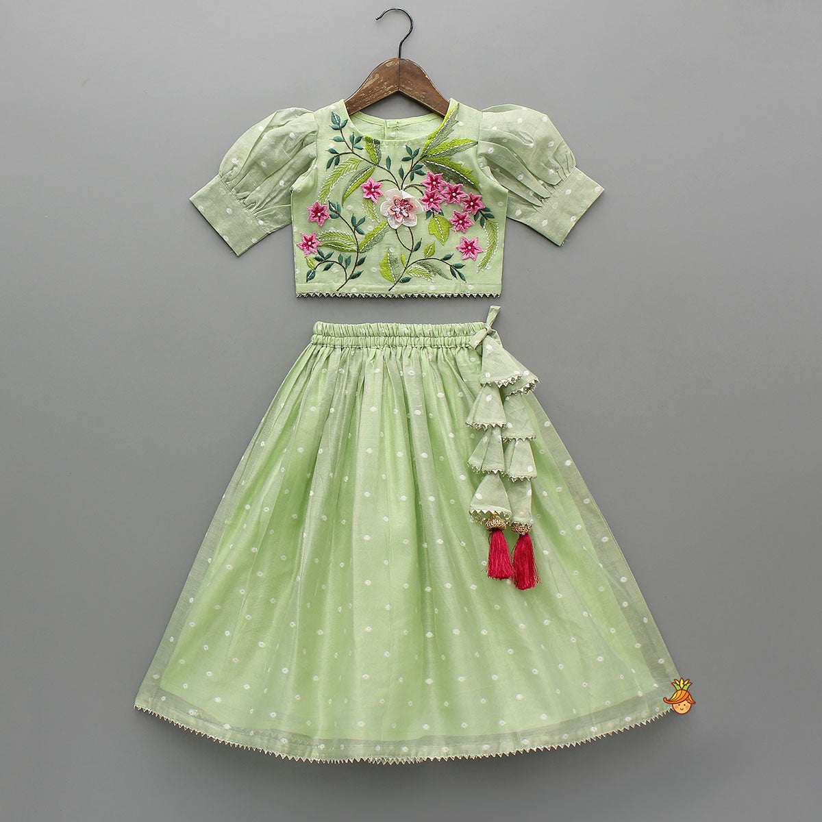 Green Butti Work Embroidered Top With Lehenga