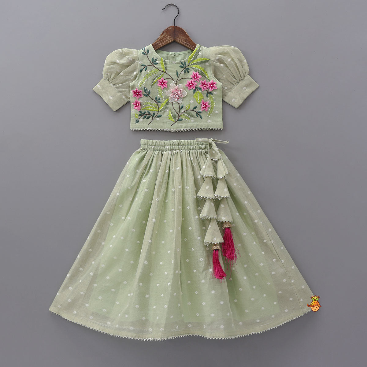 Green Butti Work Embroidered Top With Lehenga