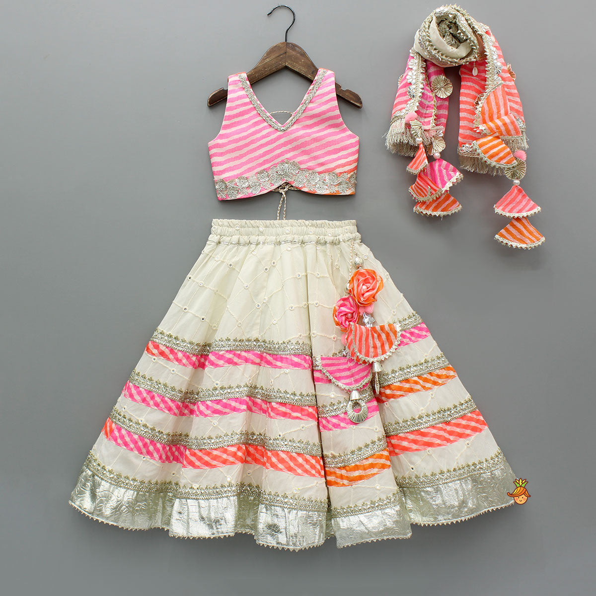 Leheriya Printed Top And Faux Mirror Work Lehenga With Matching Dupatta