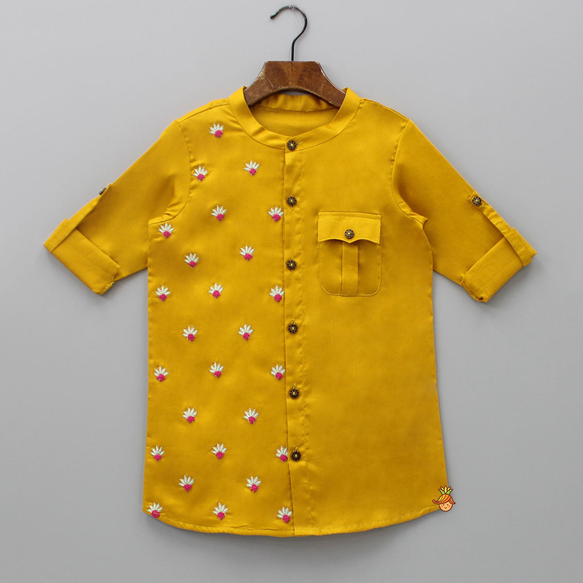 Mustard One Side Embroidered Kurta With Pyjama