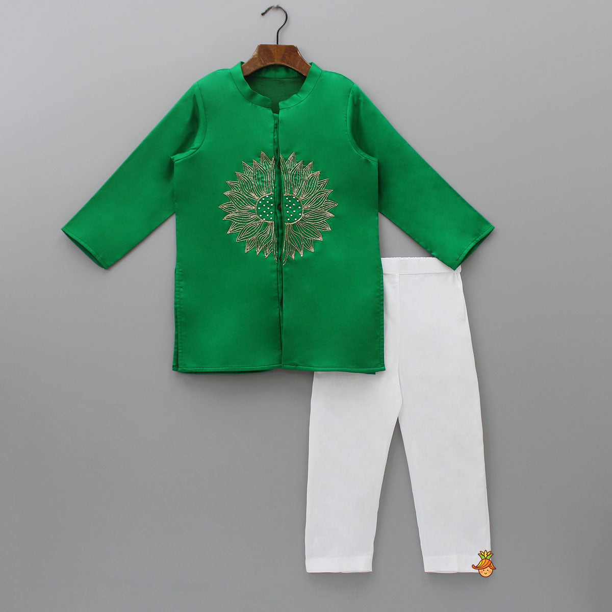 Green Embroidered Front Open Kurta With Pyjama