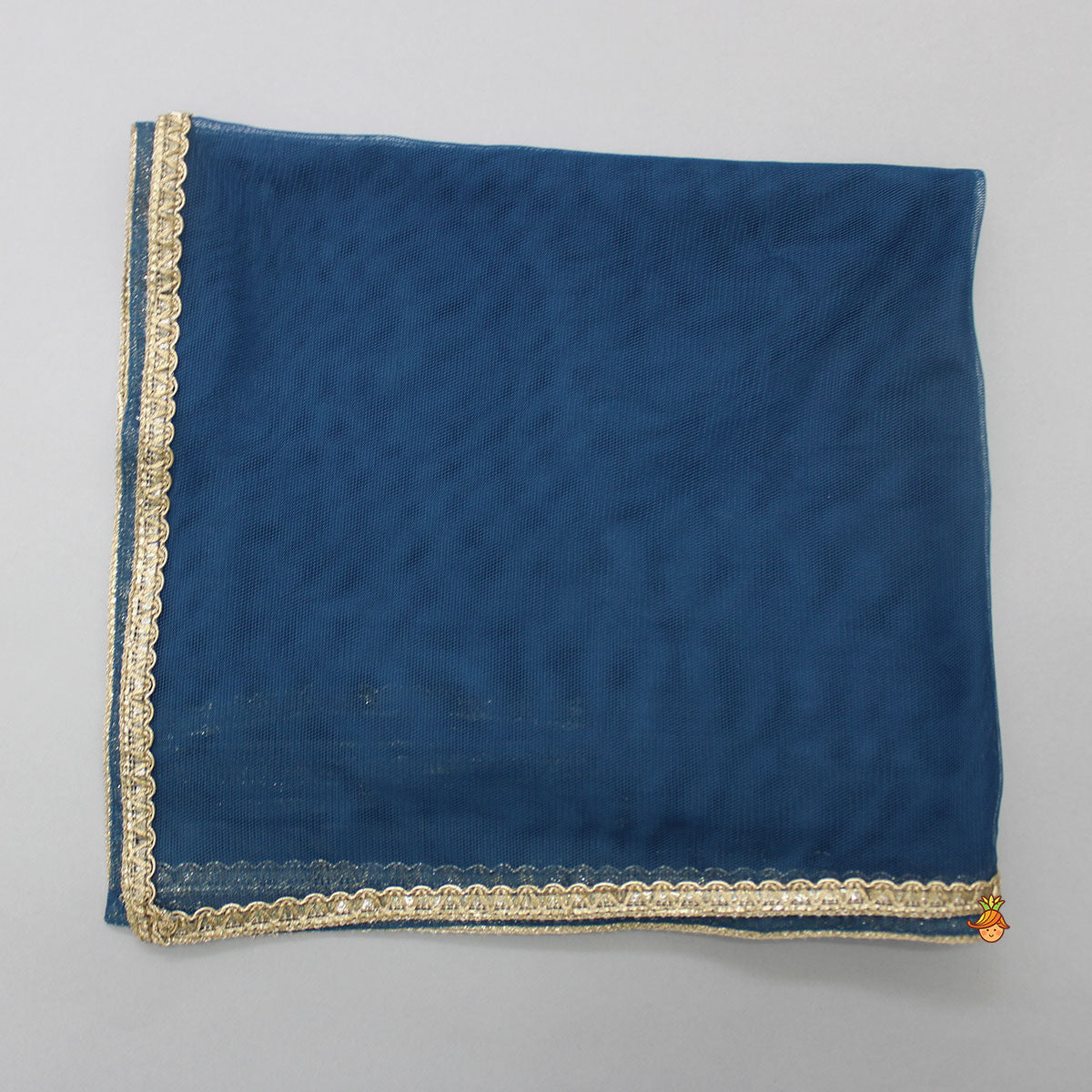 Printed Blue Top And Lehenga With Net Dupatta And Matching Potli