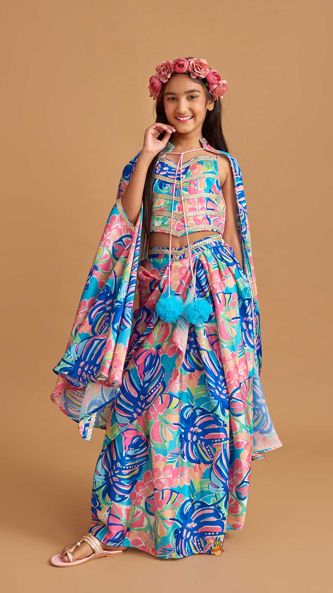 Multicolour Printed Lace Work Top With Cape And Dhoti Style Skirt