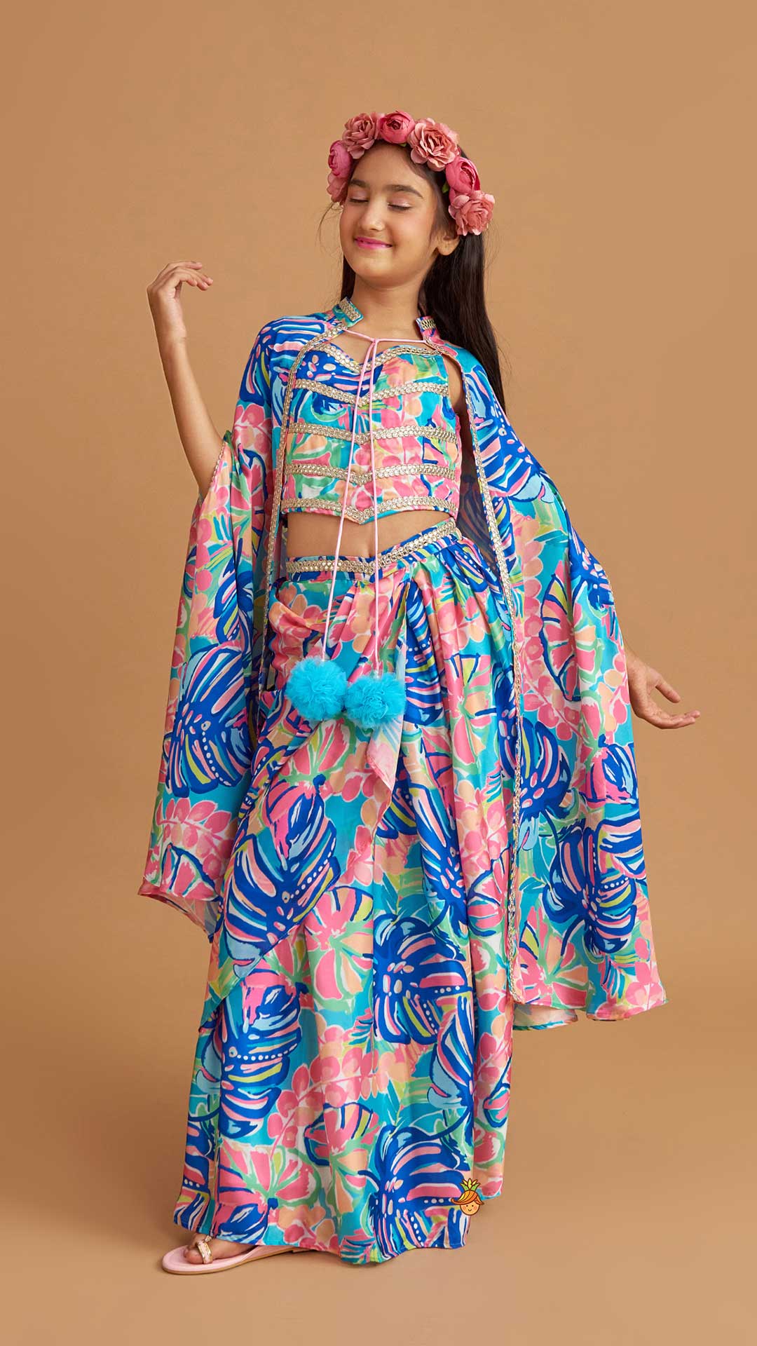 Multicolour Printed Lace Work Top With Cape And Dhoti Style Skirt