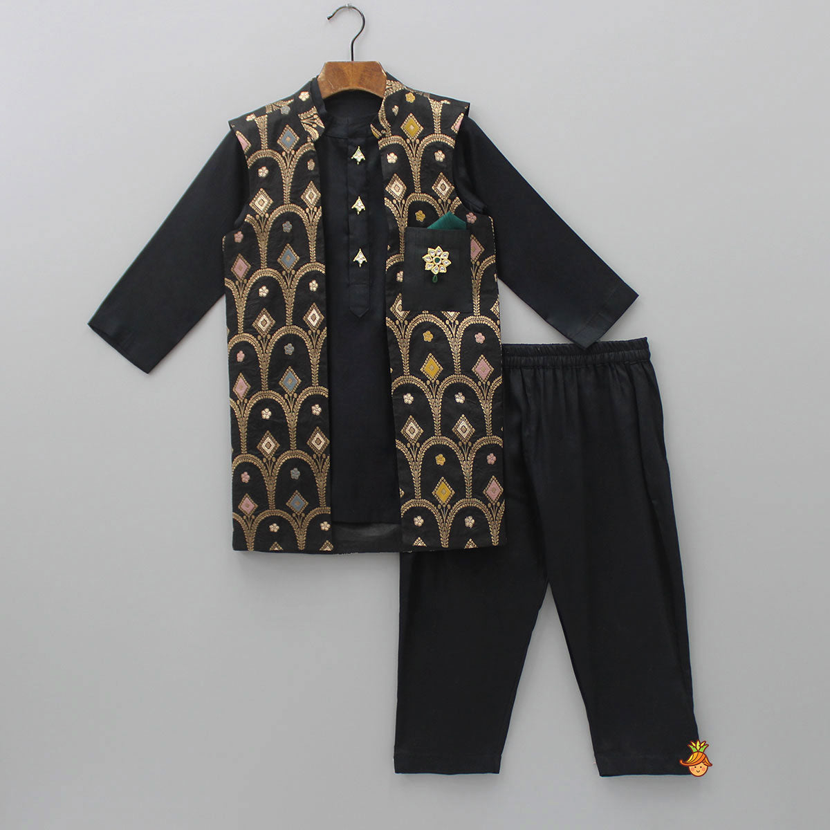 Black Silk Ethnic Kurta With Embroidered Jacket Patch Pocket And Pyjama