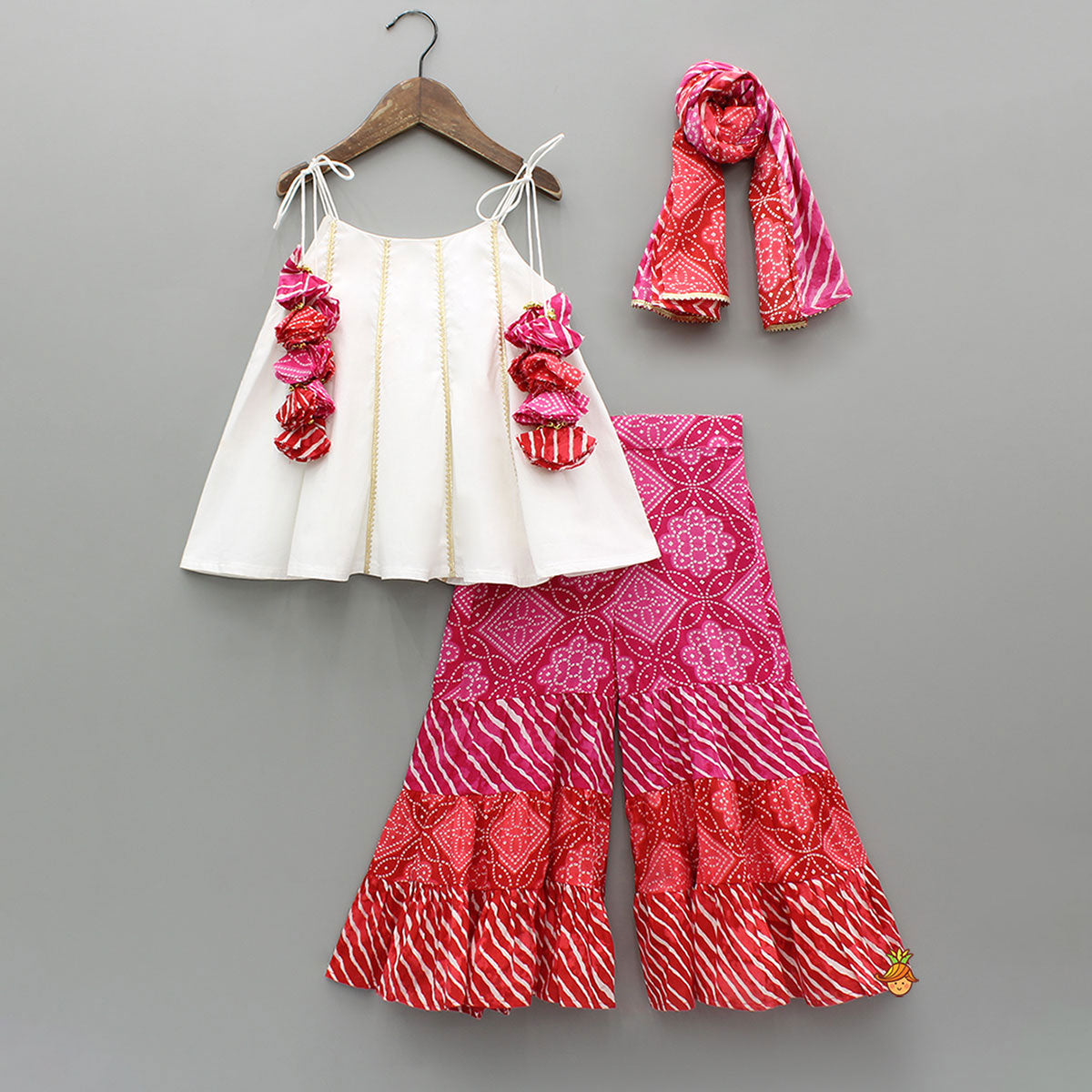 Gota Lace Detail Tie Up Top And Printed Sharara With Matching Dupatta