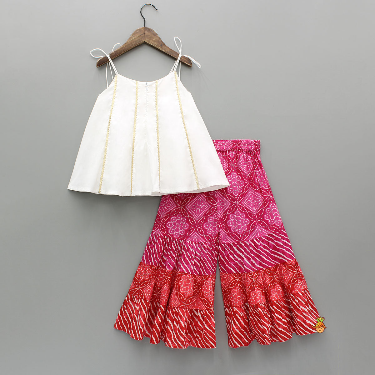 Gota Lace Detail Tie Up Top And Printed Sharara With Matching Dupatta