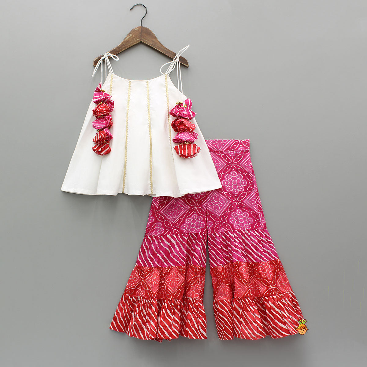 Gota Lace Detail Tie Up Top And Printed Sharara With Matching Dupatta