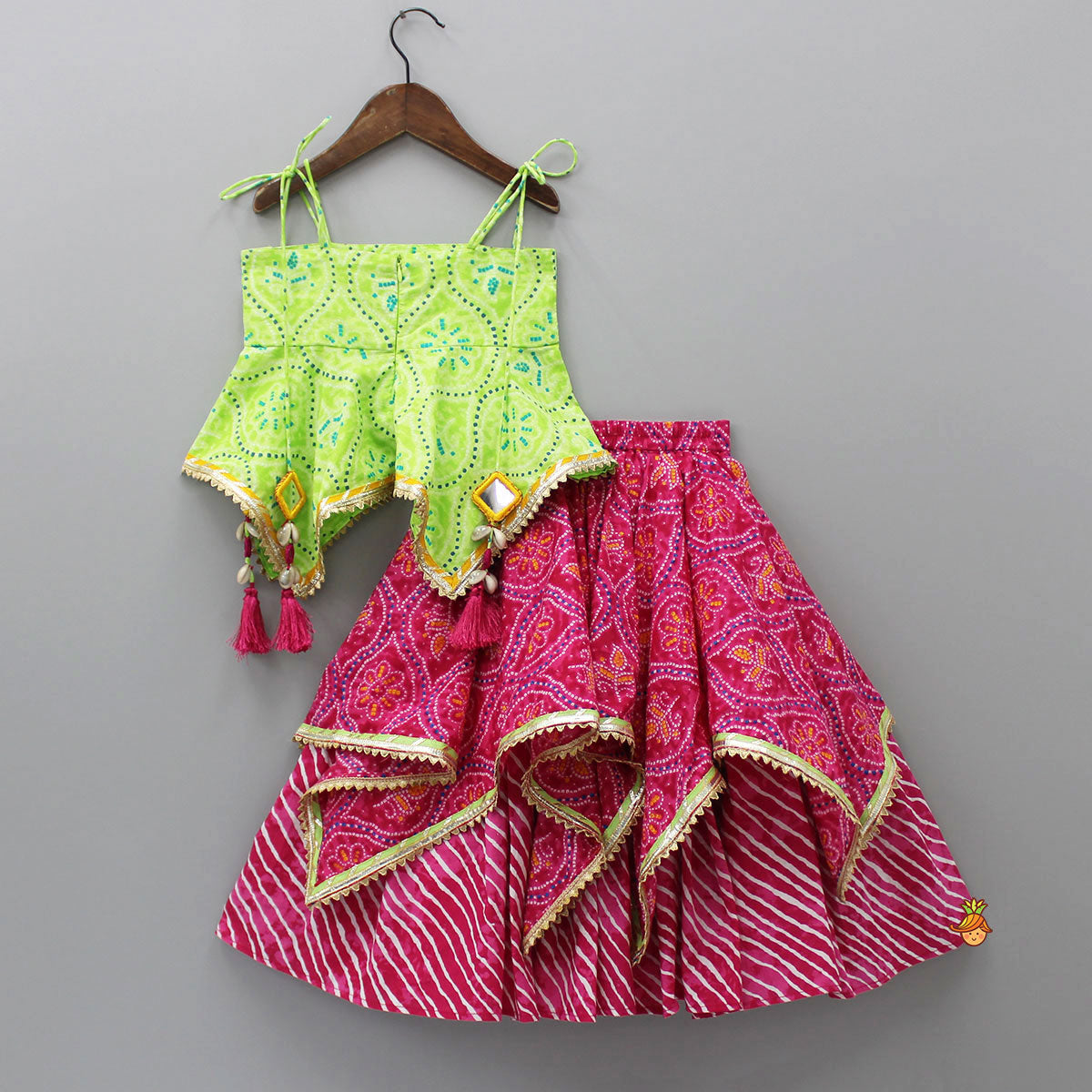 Printed Strappy Top And Layered Lehenga With Matching Dupatta