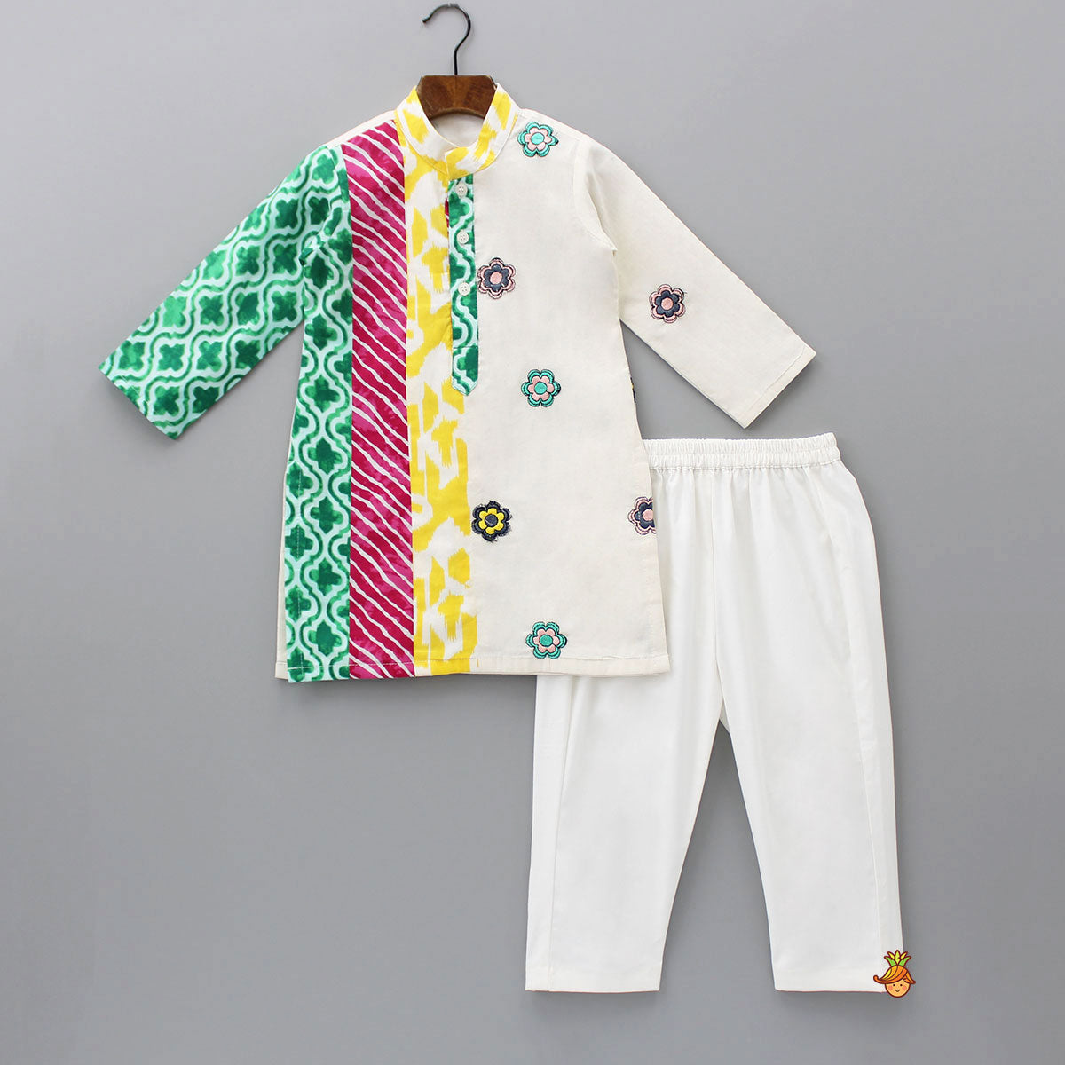 Multicoloured Printed And Embroidered Kurta With Pyjama