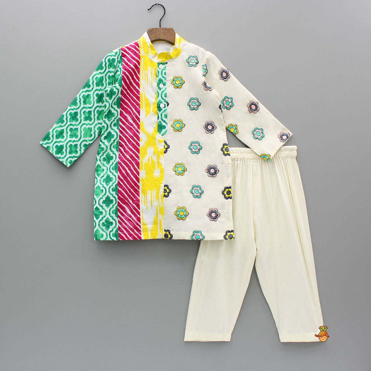 Multicoloured Printed And Embroidered Kurta With Pyjama