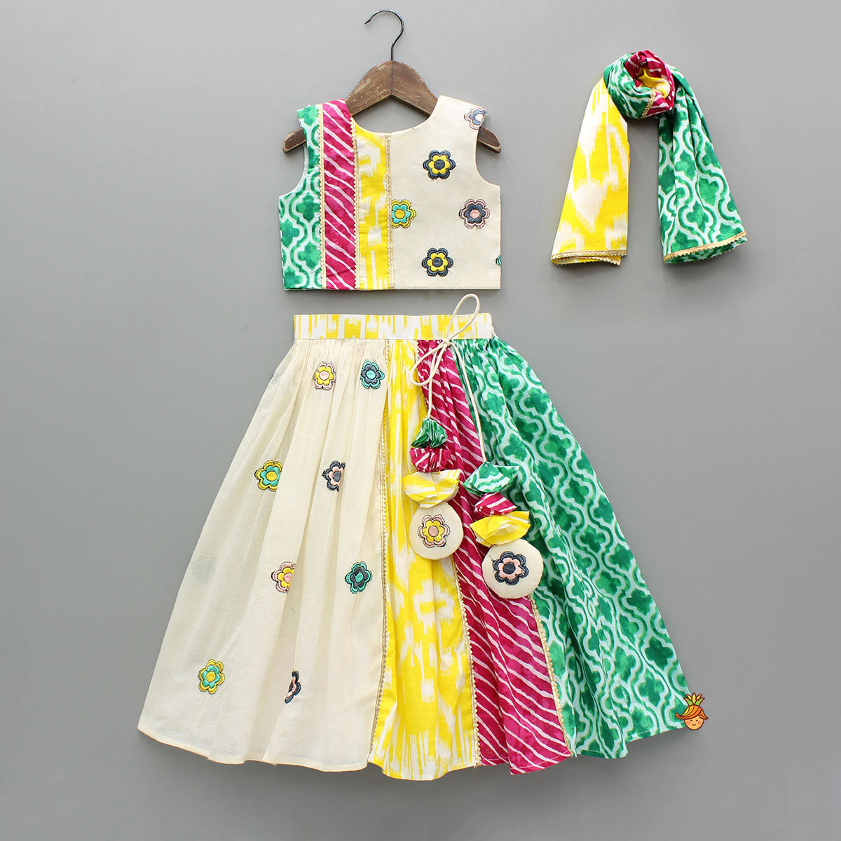 Multicoloured Printed Embroidered Top And Lehenga With Matching Dupatta