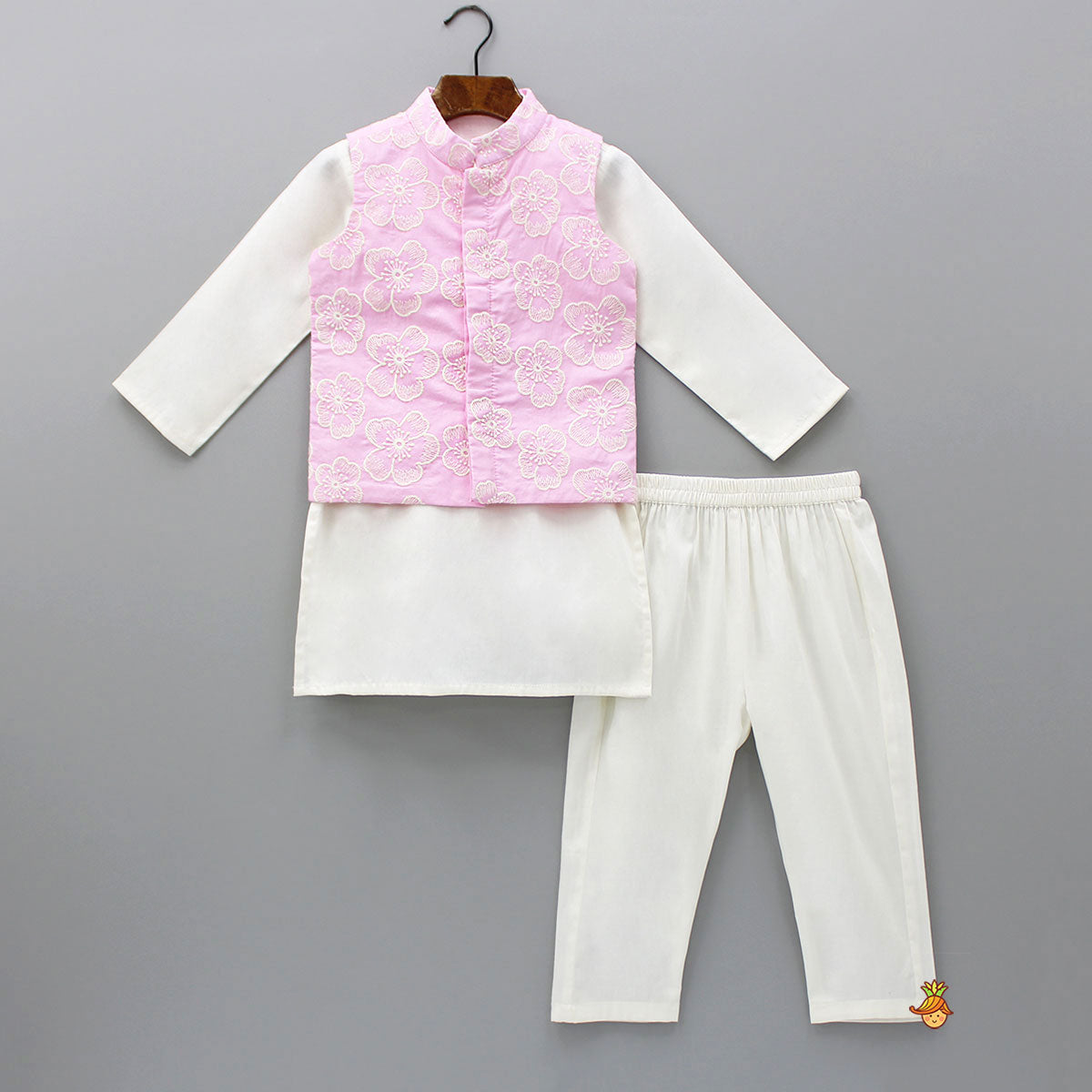 Off White Kurta With Embroidered Pink Jacket And Pyjama