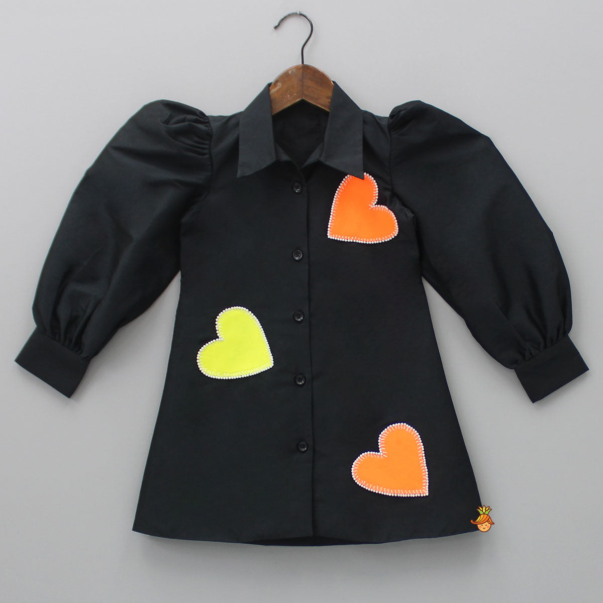 Heart Patch Work Black Collared Neck Dress