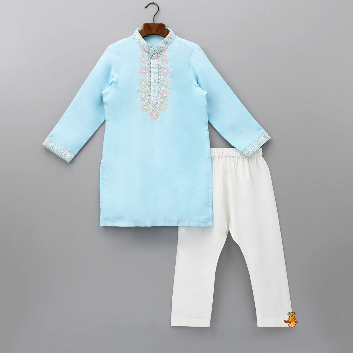 Thread Embroidered Blue Kurta And Pyjama