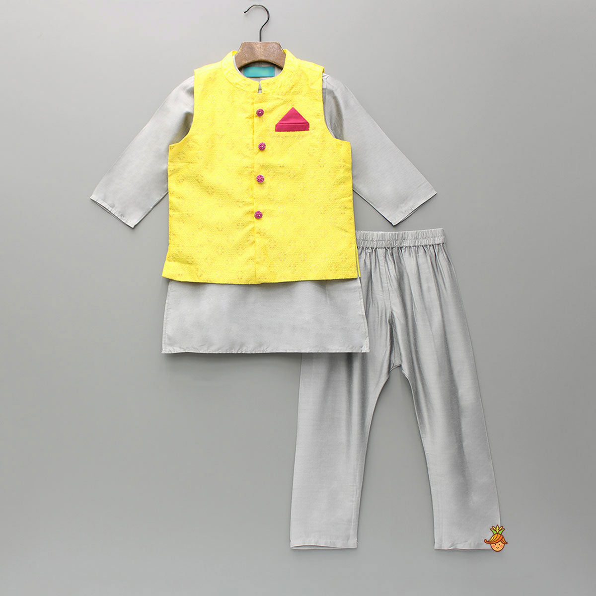 Plain Grey Kurta With Yellow Jacket And Pyjama