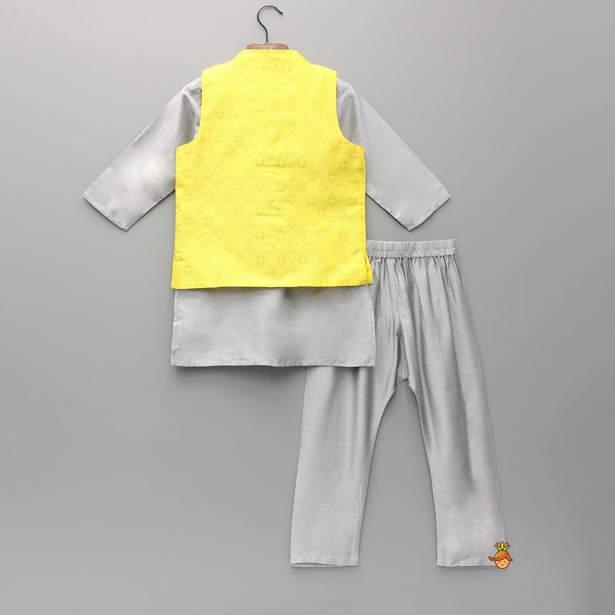 Plain Grey Kurta With Yellow Jacket And Pyjama