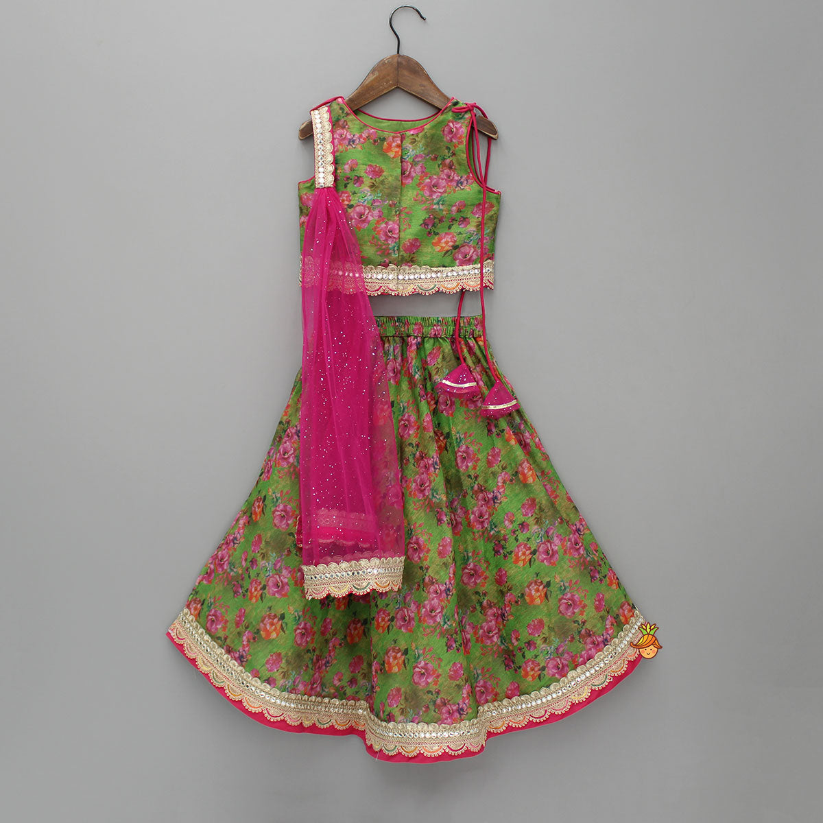 Floral Printed Top And Lehenga With Pink Dupatta