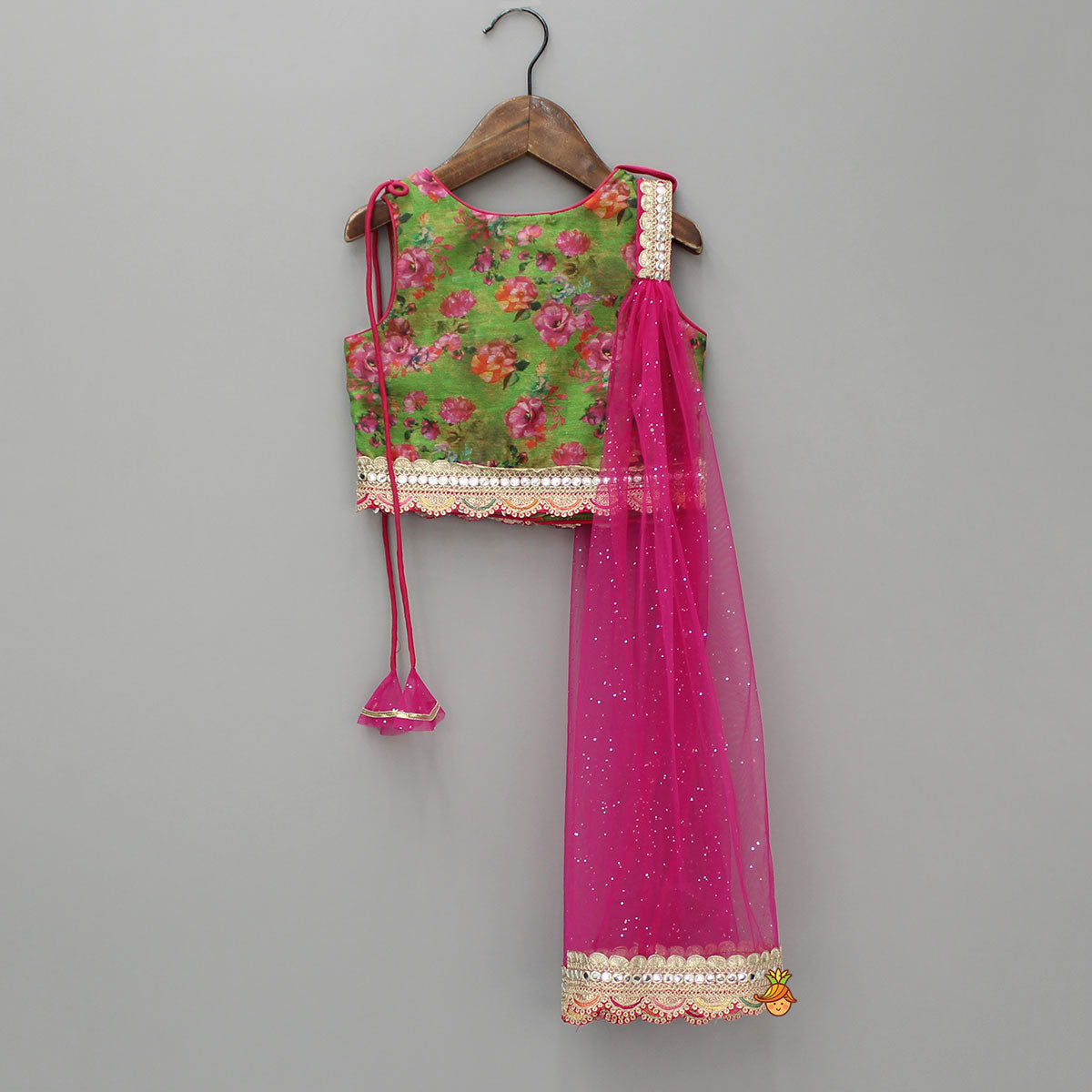 Floral Printed Top And Lehenga With Pink Dupatta