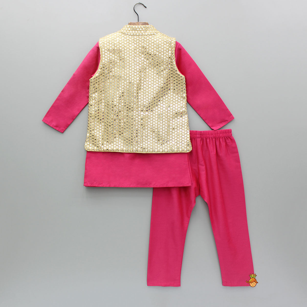 Pink Kurta With Faux Mirror Embroidered Jacket And Pyjama