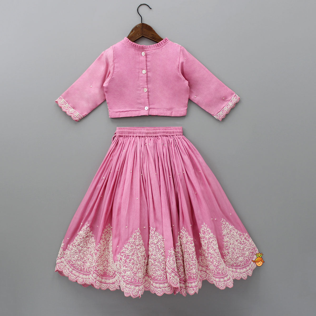 Thread Embroidered Pink Top And Pleated Lehenga