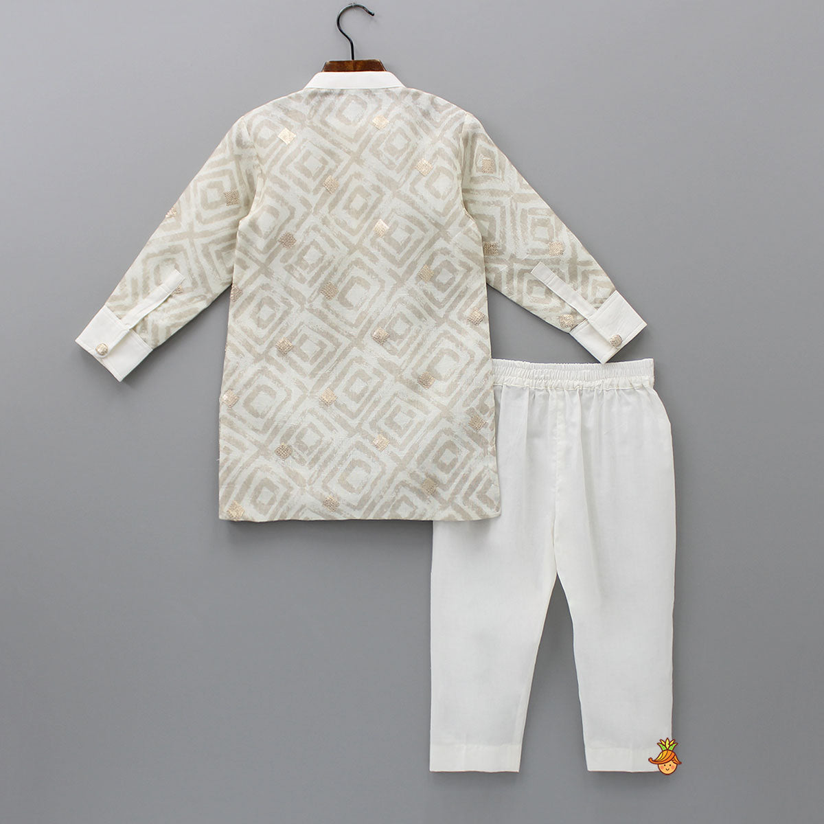 Beige Printed Sequins Embroidered Kurta With Pyjama