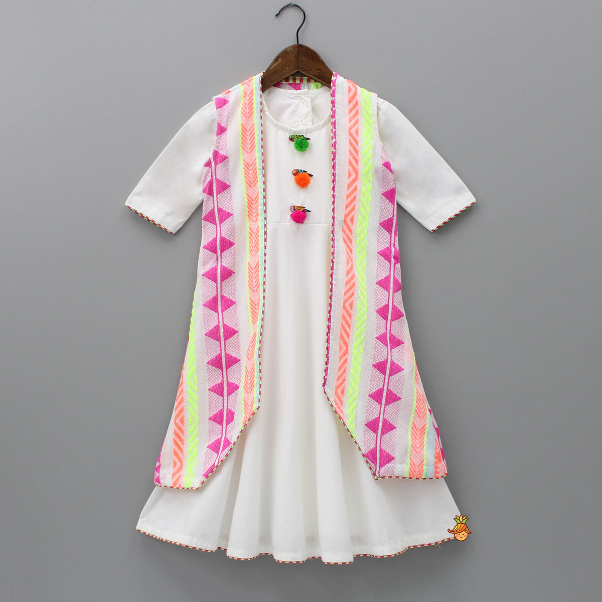 White Kurti With Multicolour Thread Embroidered Jacket