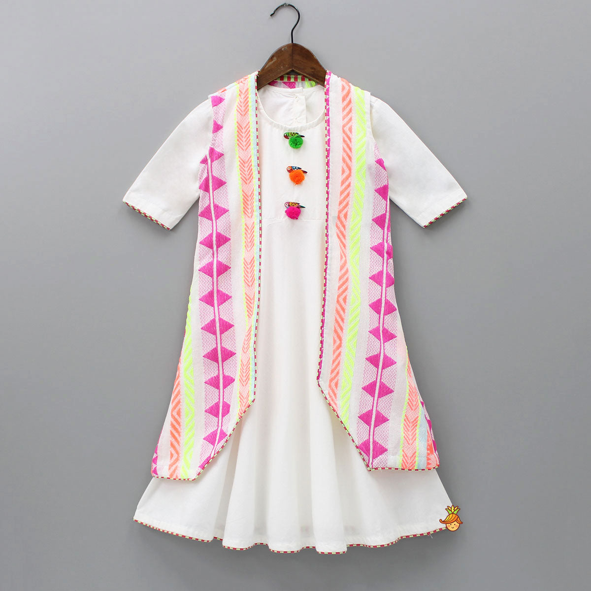 White Kurti With Multicolour Thread Embroidered Jacket