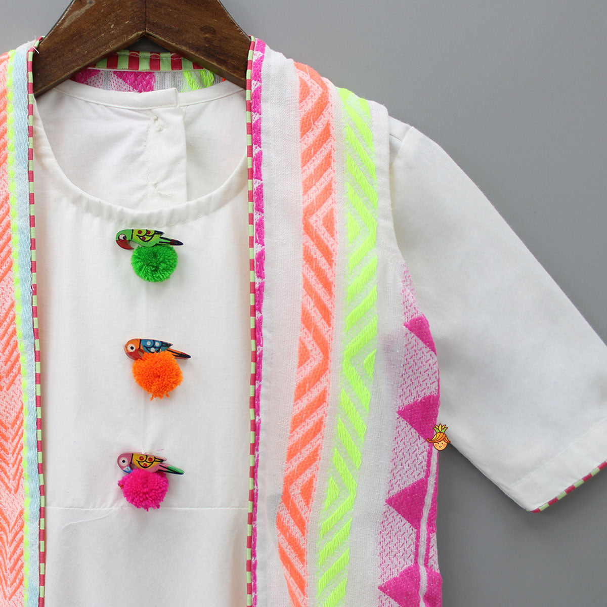 White Kurti With Multicolour Thread Embroidered Jacket