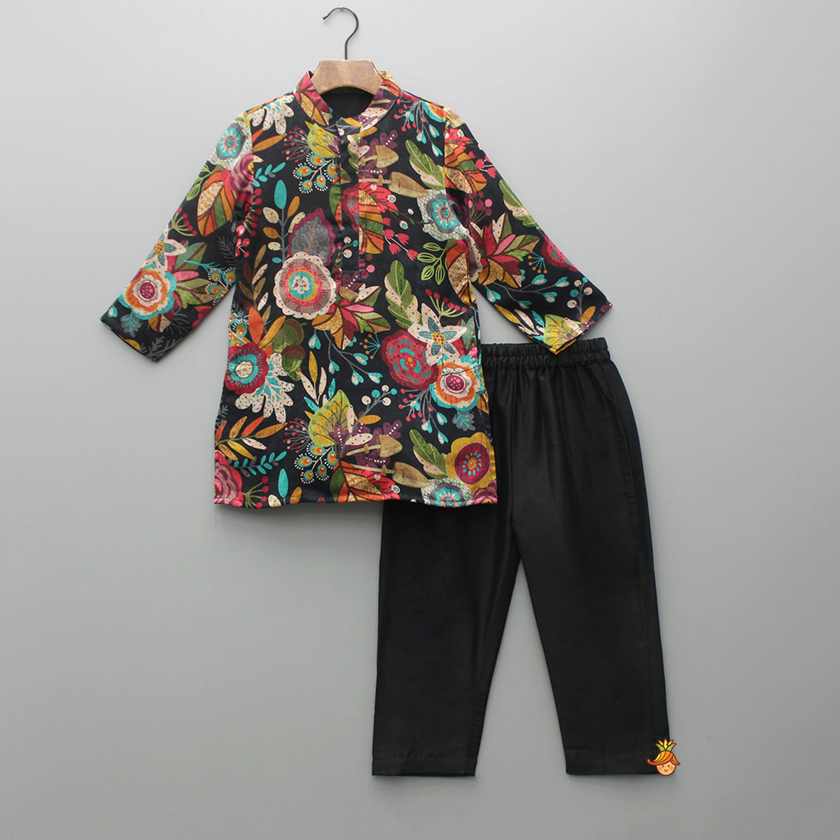 Multicolour Floral Printed Kurta And Black Pyjama