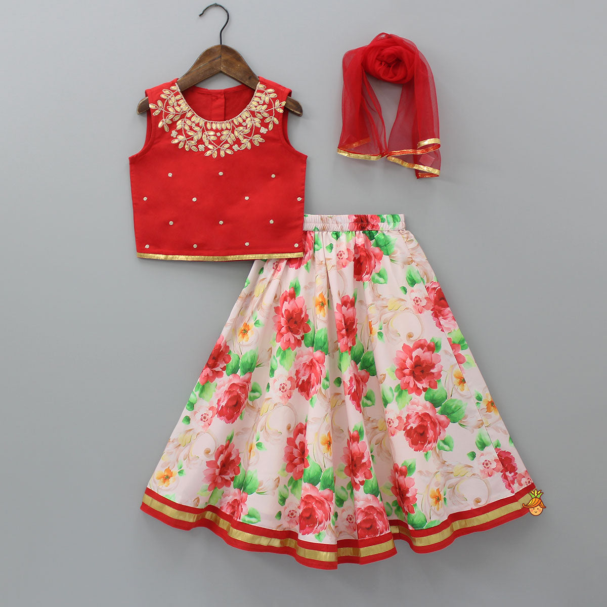 Red Top And Floral Printed Lehenga With Net Dupatta