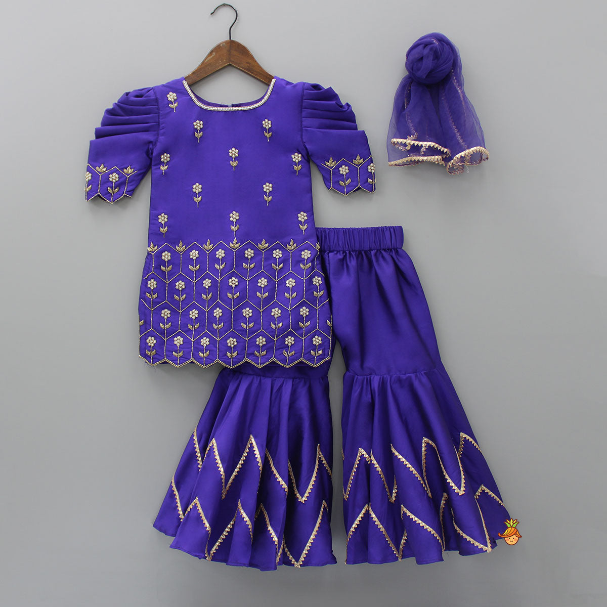 Purple Hand Embroidered Kurti With Sharara And Net Dupatta