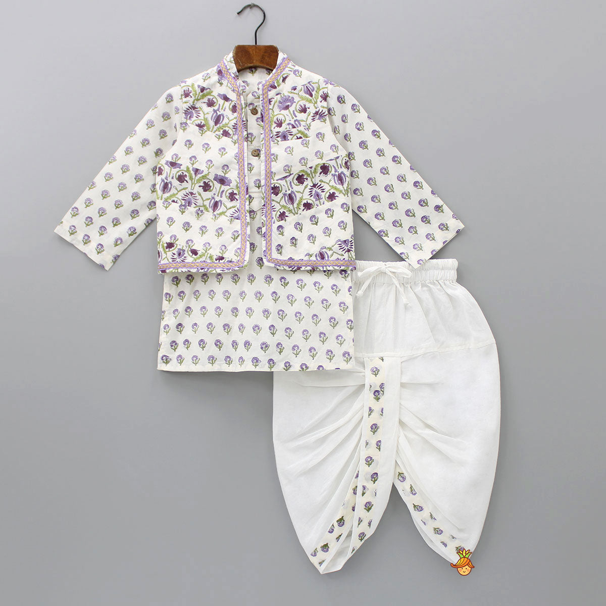 Floral Printed Kurta With Jacket And Dhoti