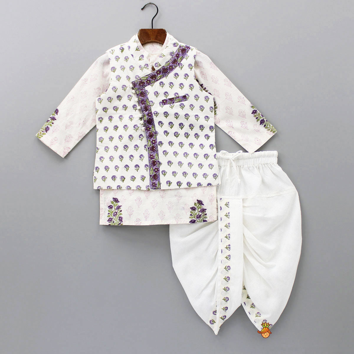 Floral Printed Kurta And Stylish Jacket With Dhoti