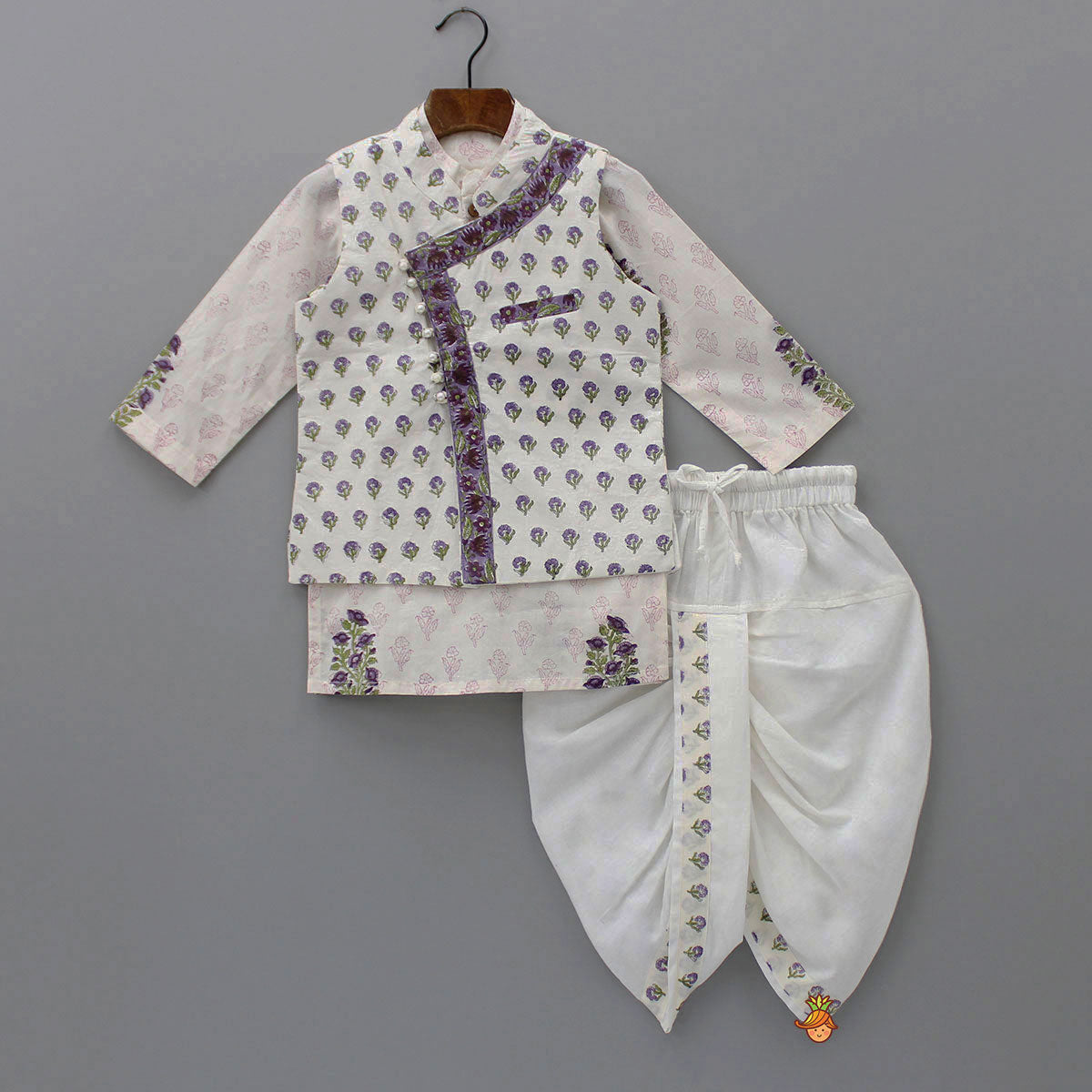 Floral Printed Kurta And Stylish Jacket With Dhoti