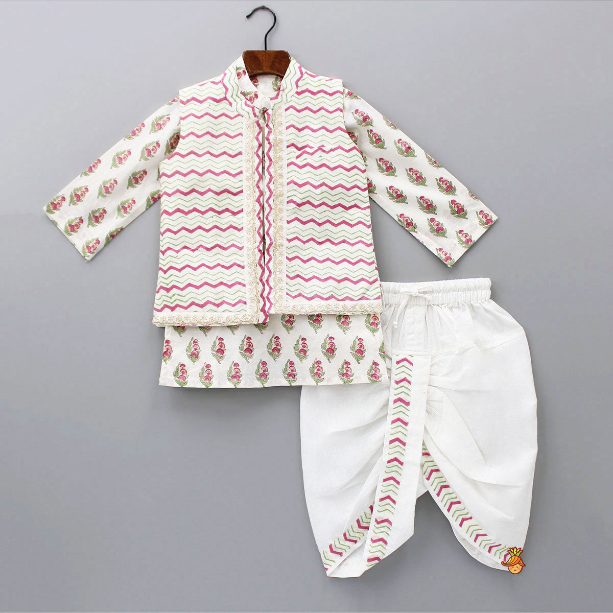 Floral Printed Kurta And Chevron Printed Jacket With Dhoti