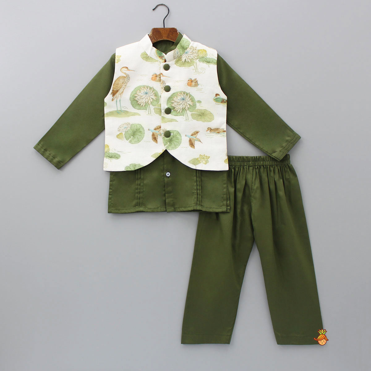 Green Kurta And Printed Jacket With Pyjama