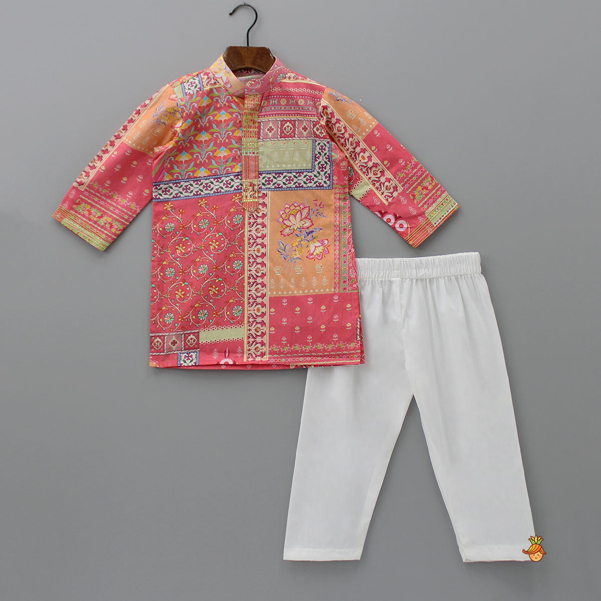 Orange Printed Kurta With Jacket And Pyjama