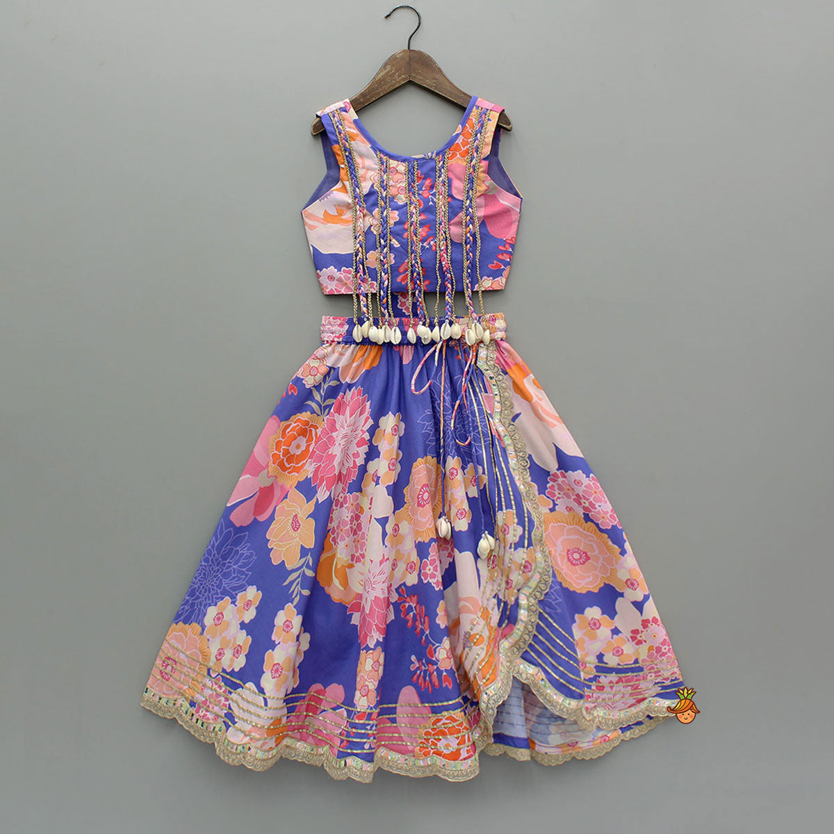 Purple Floral Printed Top With Gota Lace Work Lehenga