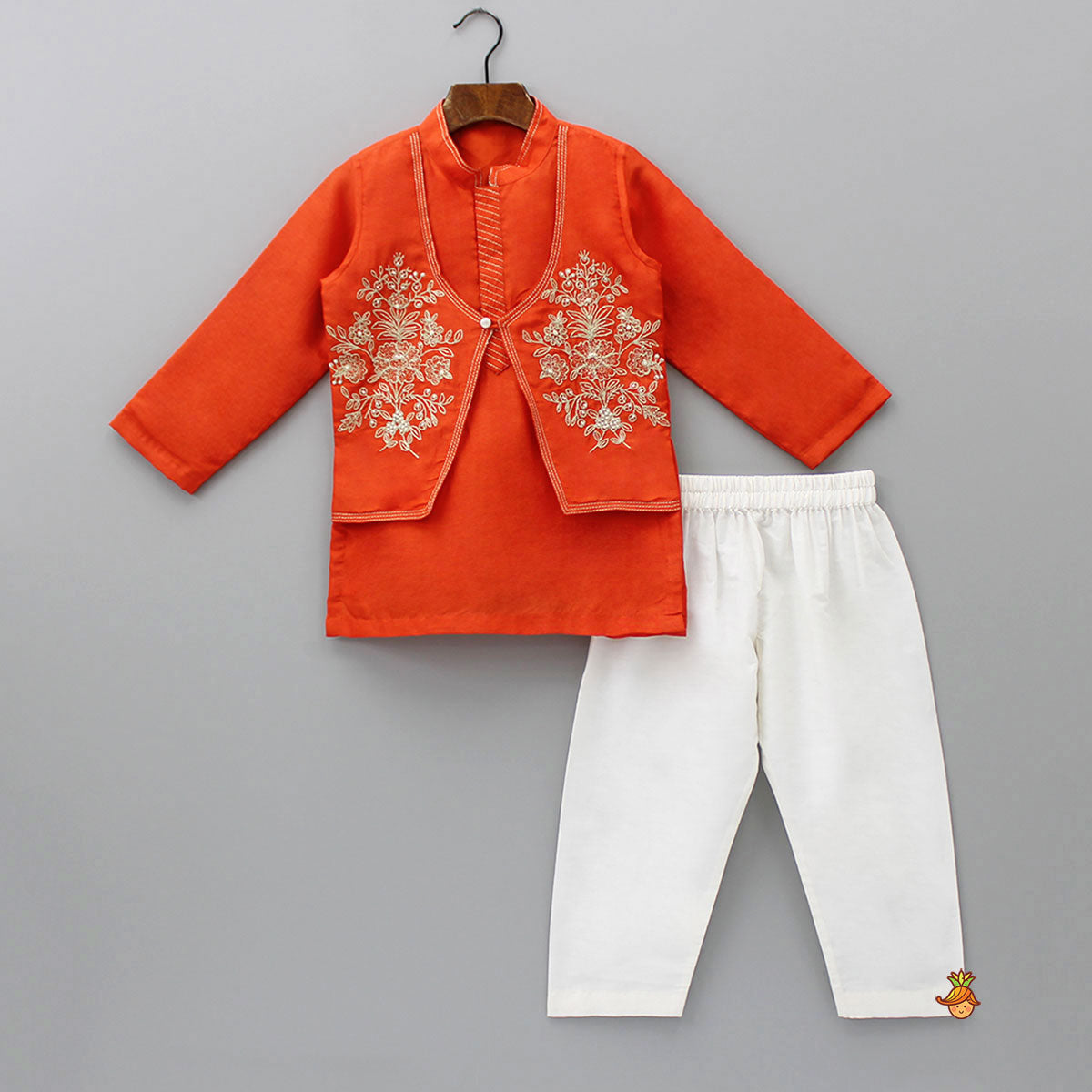 Embroidered Flap Orange Kurta And Pyjama