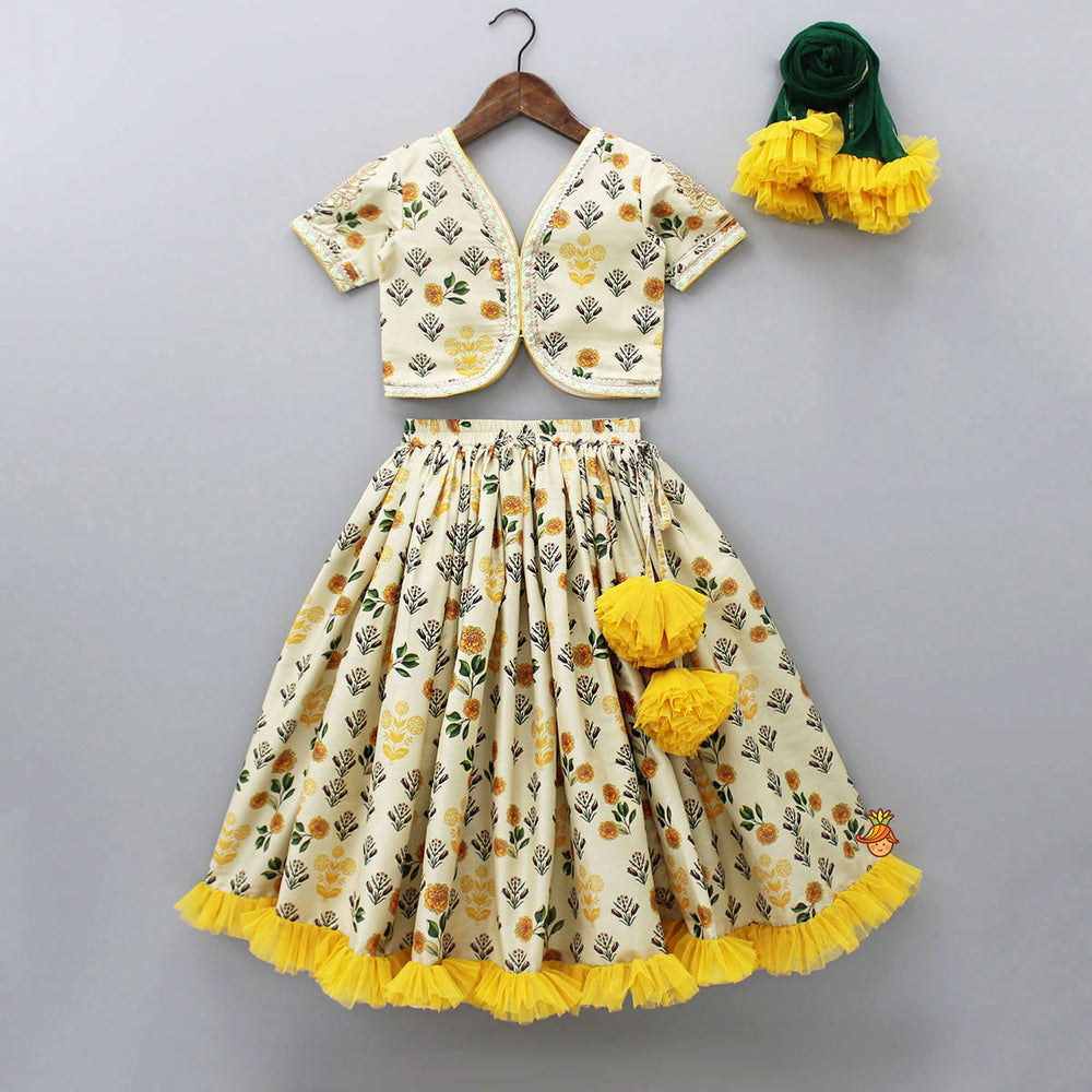Women's Floral Printed Lehenga Choli With Dupatta Set Set, Sleeveless Crop Top with Flared Skirt