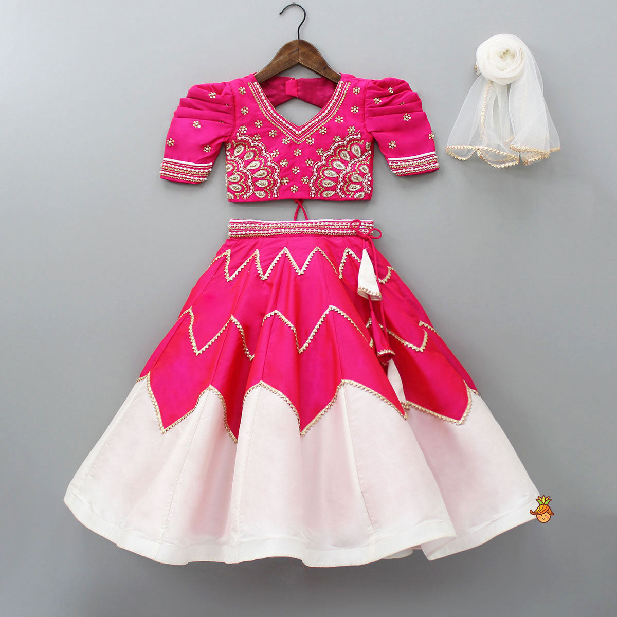 Embroidered Pink Top With Dual Tone Lehenga And Net Dupatta