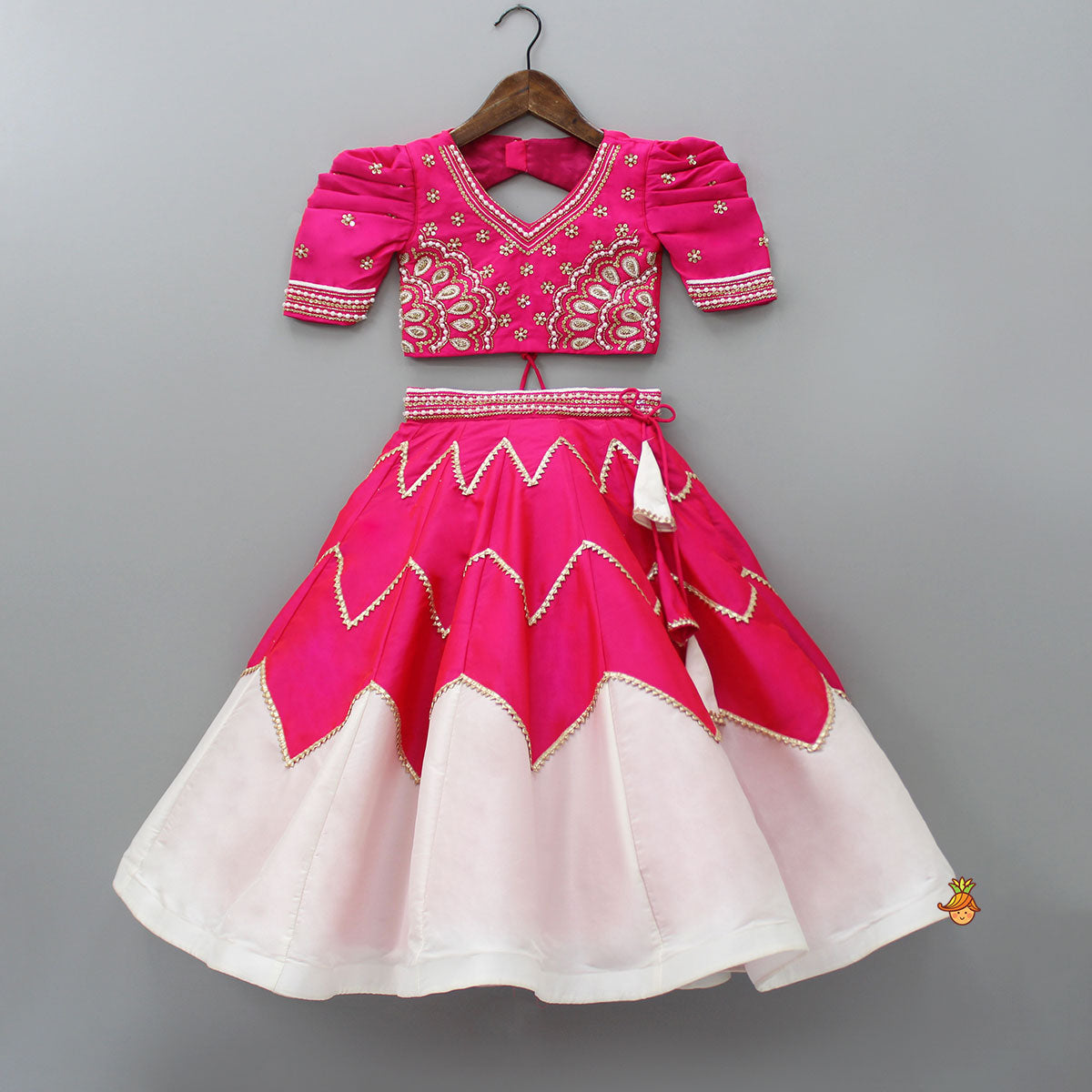 Embroidered Pink Top With Dual Tone Lehenga And Net Dupatta