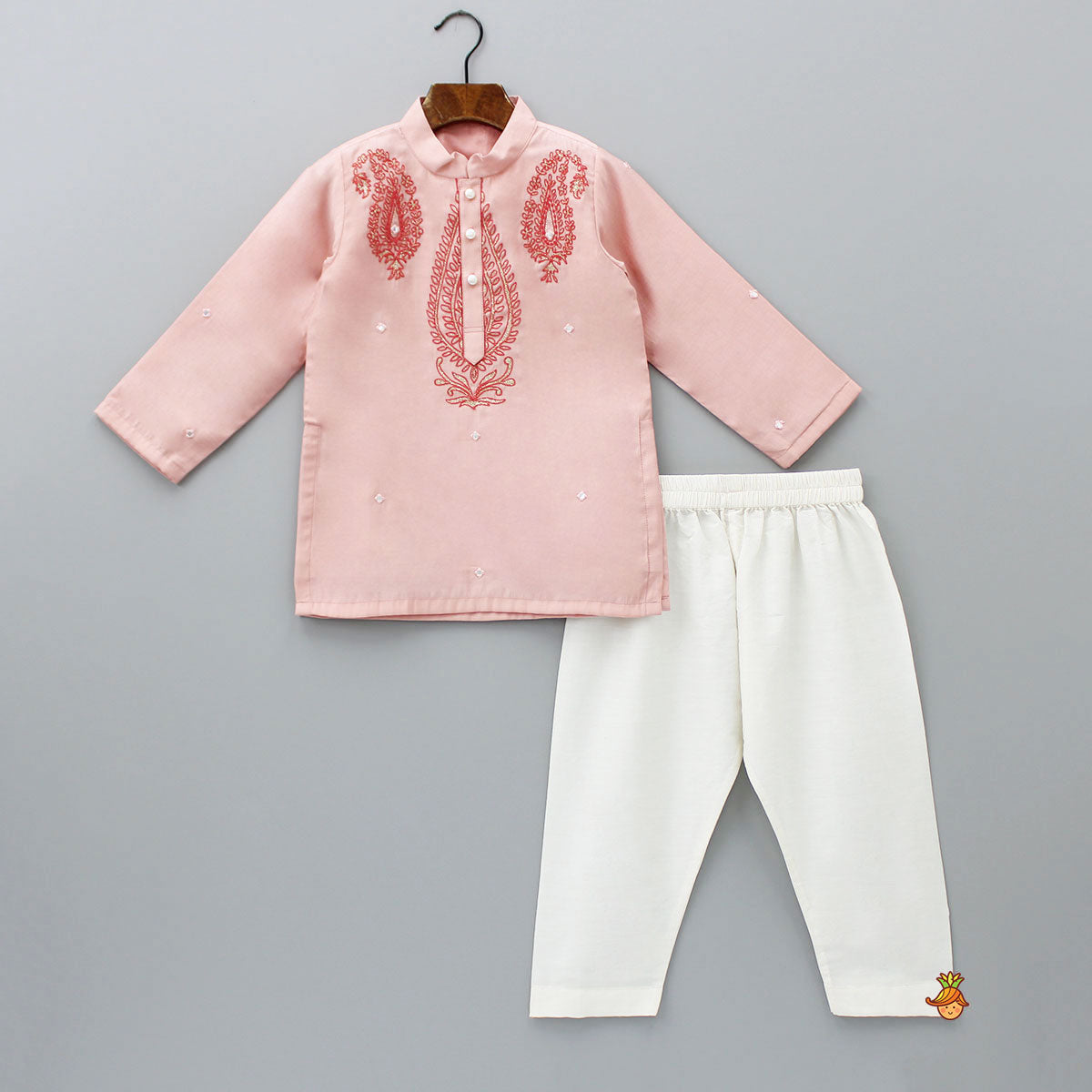 Thread Embroidered Peach Kurta And Pyjama