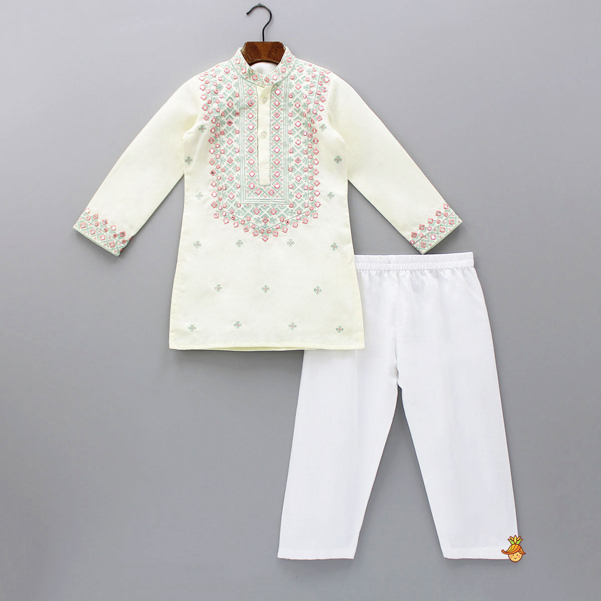 Faux Mirror Work And Thread Embroidered Kurta With Pyjama