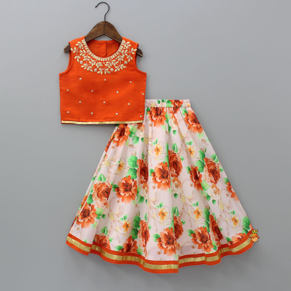 Orange Top And Floral Printed Lehenga With Net Dupatta