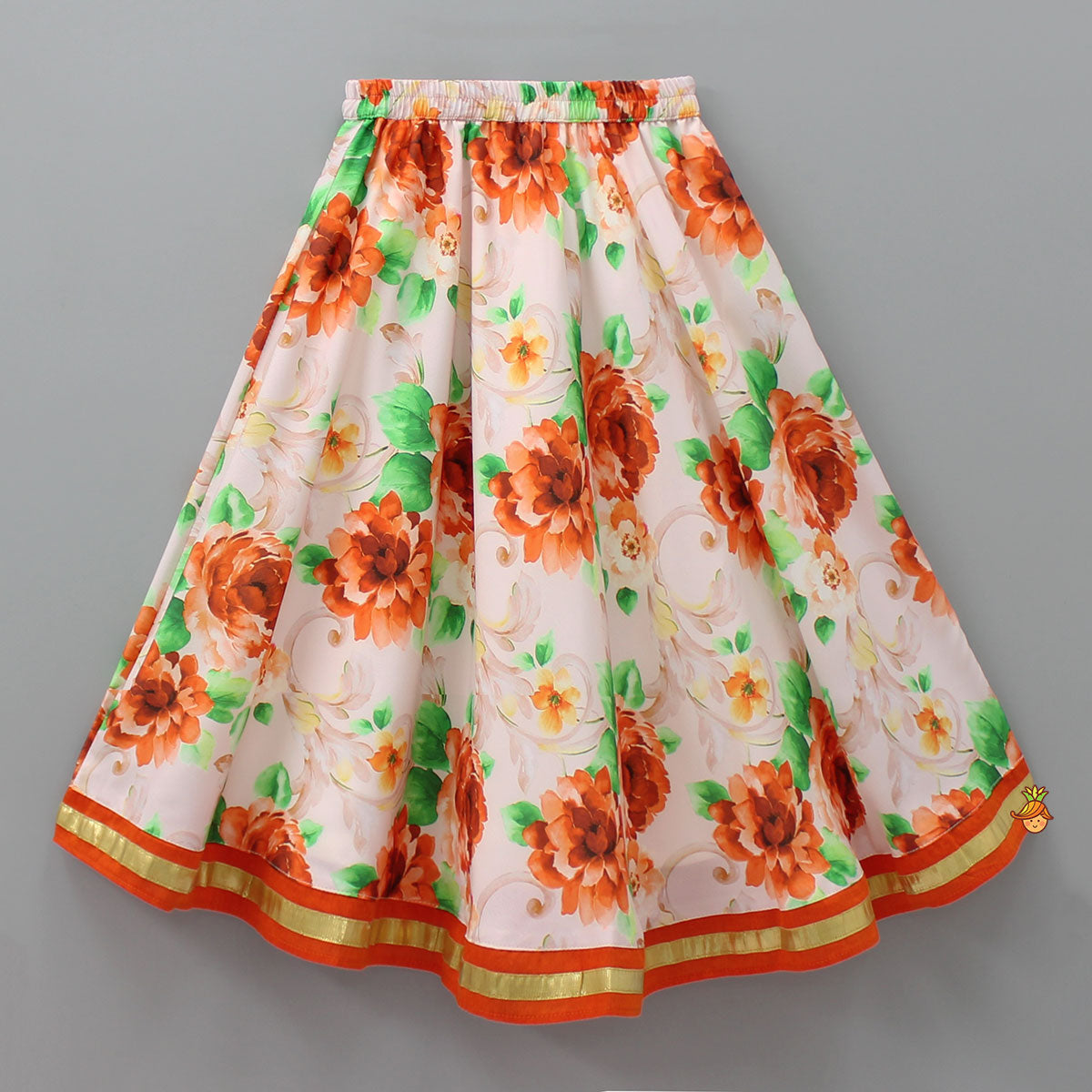 Orange Top And Floral Printed Lehenga With Net Dupatta